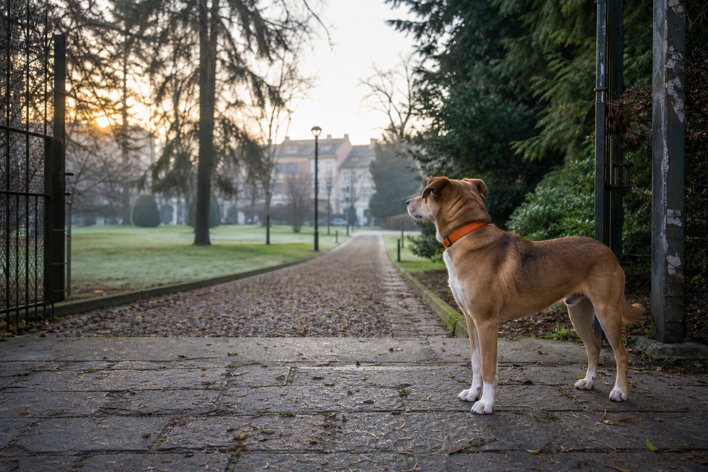 Cane attento all’ingresso di un parco cittadino