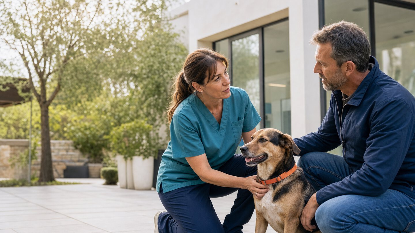 Veterinaria e volontario insieme a un cane